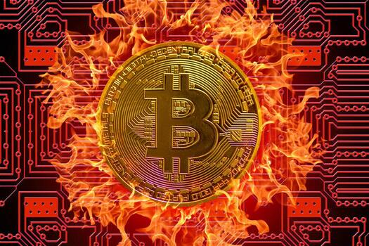 burning golden valueable single bitcoin from crypto currency with a red board in the background middle photo