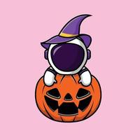 Cute Witch Astronaut On Pumpkin Halloween Cartoon Vector Icon Illustration. People Halloween Icon Concept Isolated Premium Vector.