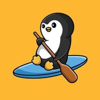 Cute Penguin Rowing With Surfboard Cartoon Vector Icon Illustration. Animal Sport Icon Concept Isolated Premium Vector.
