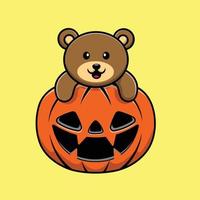 Cute Bear On Pumpkin Halloween Cartoon Vector Icon Illustration. Animal Halloween Icon Concept Isolated Premium Vector.