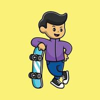 Cute Boy With Skateboard Cartoon Vector Icon Illustration. People Sport Icon Concept Isolated Premium Vector.