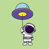 Cute Astronaut Holding Ufo Balloon Cartoon Vector Icon Illustration. Food Sport Icon Concept Isolated Premium Vector.