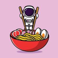 lindo astronauta con ilustración de icono de vector de dibujos animados de fideos ramen. concepto de icono de comida de personas vector premium aislado.