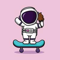 Cute Astronaut On Skateboard Holding Ice Cream Cartoon Vector Icon Illustration. Science Food Sport Icon Concept Isolated Premium Vector.