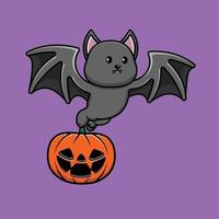 Cute Bat With Pumpkin Halloween Cartoon Vector Icon Illustration. Animal Halloween Icon Concept Isolated Premium Vector.
