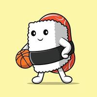 Cute Sushi Holding Basket Ball Cartoon Vector Icon Illustration. Food Sport Icon Concept Isolated Premium Vector.
