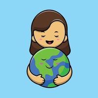 Cute Girl Holding Earth Cartoon Vector Icon Illustration. People Nature Icon Concept Isolated Premium Vector.
