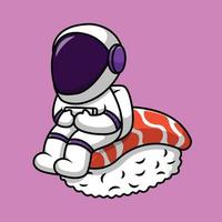 Cute Astronaut Sitting On Sushi Salmon Cartoon Vector Icon Illustration. Science Food Icon Concept Isolated Premium Vector.