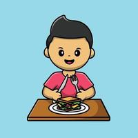 niño lindo comiendo sándwich con tenedor y cuchillo en la ilustración de icono de vector de dibujos animados de mesa. concepto de icono de comida de personas vector premium aislado.