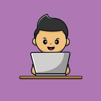 Cute Boy Working On Laptop Cartoon Vector Icon Illustration. People Bussines Icon Concept Isolated Premium Vector.