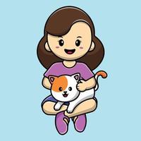 Cute Girl With Cat Cartoon Vector Icon Illustration. People Animal Icon Concept Isolated Premium Vector.
