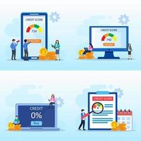 Credit score vector concept, Business people check credit score of while using laptop and smart phone. Flat vector