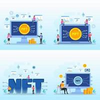 NFT non fungible token, digital crypto art blockchain technology, flat vector illustration,