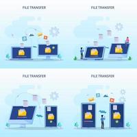 concepto de transferencia de archivos, datos de copia de seguridad, nube de tecnología, carga y descarga, plantilla de vector plano