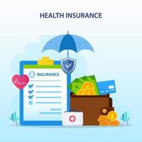 Health insurance concept. Big clipboard with document on it under the umbrella. vector illustration