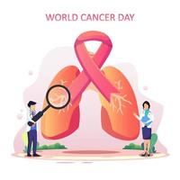 World cancer day concept. Doctors are doing an internal organ lungs inspection for illness, disease, or problems. Flat vector template
