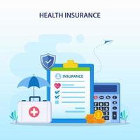 Health insurance concept. Big clipboard with document on it under the umbrella. vector illustration