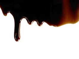 Spilled soy sauce sauce puddle isolated on white background. Texture of spilled soy sauce. Soy sauce on white background photo