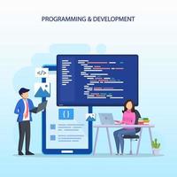 programadores en el concepto de trabajo, las personas trabajan en la mesa usando computadoras portátiles programando y codificando, lenguajes de programación. css, html, php, interfaz de usuario. plantilla de vector plano