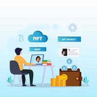NFT non fungible token, digital crypto art blockchain technology, flat vector illustration,