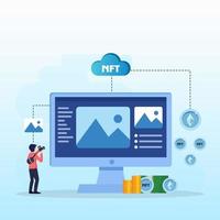 NFT non fungible token, digital crypto art blockchain technology, flat vector illustration,