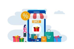 Discounts, Sale Vector Illustration. Online Store in the Mobile Application of the Smartphone. Tiny People choose goods at Low Prices in their Gadgets.