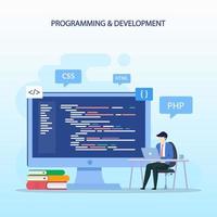 programadores en el concepto de trabajo, las personas trabajan en la mesa usando computadoras portátiles programando y codificando, lenguajes de programación. css, html, php, interfaz de usuario. plantilla de vector plano