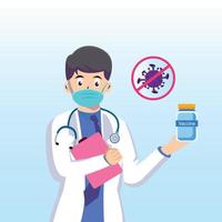 Doctor educate a pandemic corona virus warning with medical mask to protect. Holding Pills Bottle Icons of Medicine Treatment in Clinic or Hospital. landing page website illustration flat vector