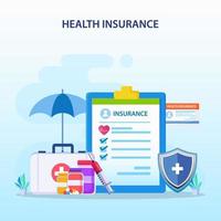 Health insurance concept. Big clipboard with document on it under the umbrella. vector illustration