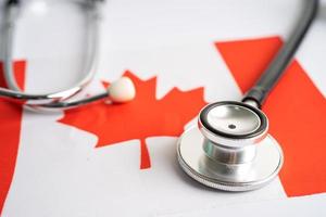 Black stethoscope on Canada flag background, Business and finance concept. photo