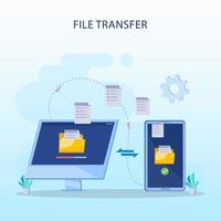 concepto de transferencia de archivos, datos de copia de seguridad, nube de tecnología, carga y descarga, plantilla de vector plano