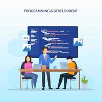 Programmers at work concept, People work on table using laptops programming and coding, programming languages. css, html, PHP, ui. Flat vector template