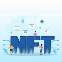 NFT non fungible token, digital crypto art blockchain technology, flat vector illustration,