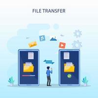 concepto de transferencia de archivos, datos de copia de seguridad, nube de tecnología, carga y descarga, plantilla de vector plano