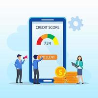 Credit score vector concept, Business people check credit score of while using laptop and smart phone. Flat vector