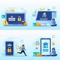 Illustration of laptop computer and cyber criminal looking for password vector