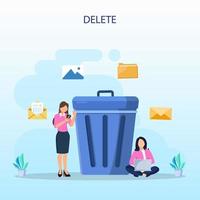 Delete concept. deleting data and move unnecessary files to the trash bin. illustration vector