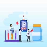 Medicine diabetes concept. The doctor tests the level of glucose in the blood, prescribes statins. Flat vector illustration.