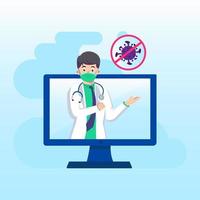 Online Doctor educate a pandemic corona virus warning with medical mask to protect. landing page website illustration flat vector