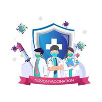 Vaccination concept Vector illustration. Doctors with injections are fighting against the covid-19 coronavirus. Flat vector template
