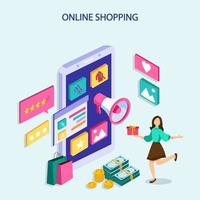 Online shopping isometric concept. mobile phone with bags shopping. vector