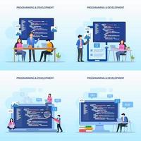 Programmers at work concept, People work on table using laptops programming and coding, programming languages. css, html, PHP, ui. Flat vector template