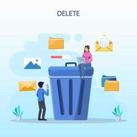 Delete concept. deleting data and move unnecessary files to the trash bin. illustration vector