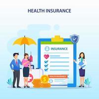 Health insurance concept. Big clipboard with document on it under the umbrella. vector illustration