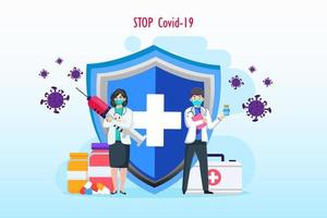 Vaccination concept, cure for Corona virus, time to vaccinate, doctors with syringe, vaccine bottle. Flat vector template Style Suitable for Web Landing Page, Background. Vector illustration