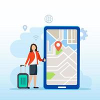 online maps technology, woman with a smartphone, digital maps, navigation and direction, Flat vector template style Suitable for Web Landing Pages.