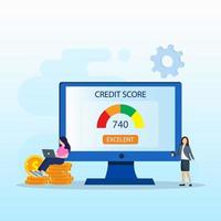 Credit score vector concept, Business people check credit score of while using laptop and smart phone. Flat vector