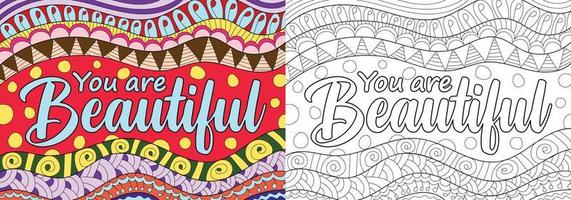 You are beautiful positive affirmation coloring book page illustration