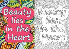 Beauty lies in the heart positive quote coloring book page illustration