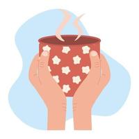 Vector cartoon illustration of hands holding a red cup with flower pattern of hot tea or coffee